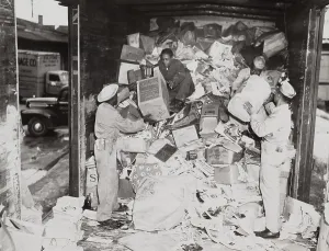 Non Combat Prints: African American soldiers loading trash on a freight car during World War 2