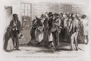 Richmond Prints: African American woman presents a slip of paper to a man seated behind a window to receive rations available to the old