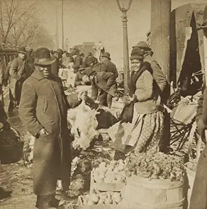 Overcoat Prints: African American women at outdoor farmers market selling vegetables in Washington