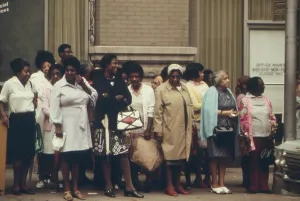 Atlanta Prints: African Americans mostly women waiting for the city bus in Atlanta Georgia. Ca. 1975