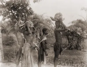 Collection Prints: African men and woman arriving at the monthly wild rubber village market