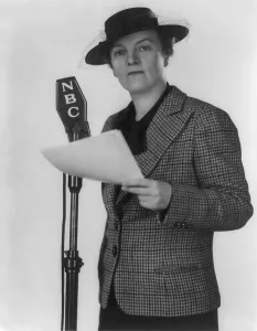 Broadcasting Prints: Agnes Meyer standing at NBC microphone