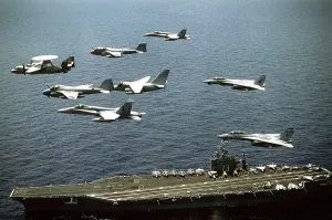 Aircraft Carriers Prints: Aircraft assigned to the nuclear-powered aircraft carrier USS GEORGE WASHINGTON fly over the ship