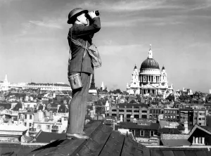 Lcgr1309 Prints: Aircraft spotter searches the sky with binoculars during the Battle of Britain