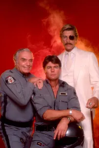 Alex Prints: AIRWOLF, from left, Ernest Borgnine, Jan-Michael Vincent, Alex Cord, 1984-86