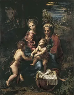 AISA/Everett Collection Raphael (1483-1520). The Holy Family (La Perla). ca. 1518. Saint Elizabeth, the Virgin and Child, and Saint John