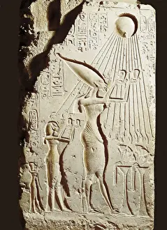 Akhenaten and his family offering to the sun-god Aten. 1364 - 1347 BC. Egyptian art. New Kingdom. Relief on rock. EGYPT. Cairo. Egyptian Museum. Proc: EGYPT. Amarna