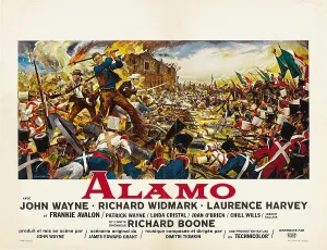 THE ALAMO, John Wayne (center), Richard Widmark (back left), Laurence Harvey (back right) on UK poster art, 1960