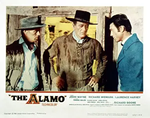 Morbk5 Prints: THE ALAMO, US lobbycard from left: Richard Widmark, John Wayne, Laurence Harvey, 1960