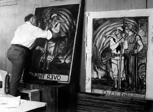 Recruitment Prints: Albert Sterner painting during World War I posters for the U