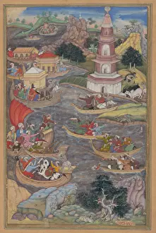 Dogs Prints: ALEXANDER FIGHTS A SEA BATTLE, by Dharmadas, 1590s, Indian, Mughul watercolor painting