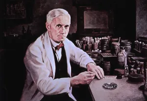 Remedies Prints: Alexander Fleming (1881-1955), at laboratory table. Painting by Dean Fausett