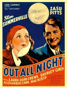 White Gloves Prints: OUT ALL NIGHT, from left: Zasu Pitts, Slim Summerville on window card, 1933