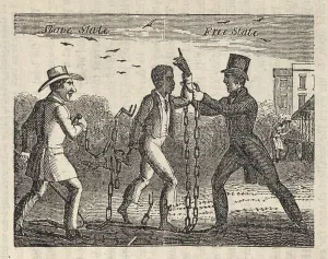Chains Prints: Allegorical illustration of a slave's transition to liberty as he escapes his owner