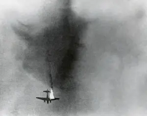 Lcgr1404 Prints: Allied plane burns overhead during the 1st Allied Airborne Army's assault near Wesel