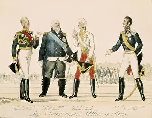 The Allied sovereigns in Paris (1815). From left to right, Tsar Alexander I of Russia, Louis XVIII of France, Francis II of Austria and Frederick William III of Prussia. Etching
