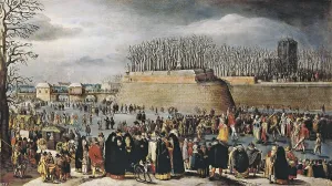ALSLOOT, Denis van (1570-1626). Skating during Carnival. beg. 17th c. In Antwerpen, Belgium, several musical groups marching outside the fortifications. Flemish art. Oil on wood
