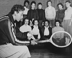 Teaching Prints: Althea Gibson, speaks to young women attending a tennis clinic at Midwood High in Brooklyn