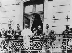 Assassination Prints: Alvaro Obregon speaking in Mexico City from a balcony near the National Palace, c. 1920
