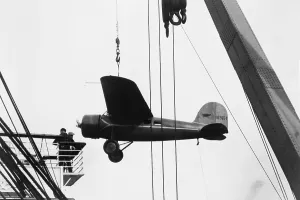 Amelia Prints: Amelia Earhart's Lockheed Vega airplane being off-loaded from the liner Lurline prior to her solo flight
