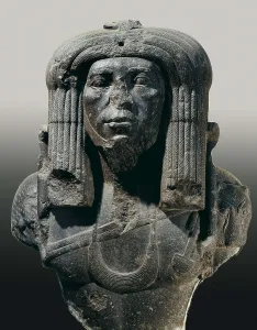 Amenemhat III in costume of a priest. 1842 BC - 1797 BC. Pharaoh's bust covered by the skin of a panther typical of the priests. Egyptian art. Middle Kingdom