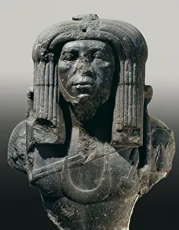 Amenemhat III in costume of a priest. 1842 BC - 1797 BC. Pharaoh's bust covered by the skin of a panther typical of the priests. Egyptian art. Middle Kingdom