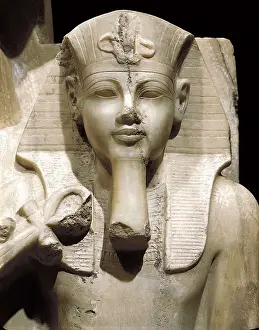 Amenhotep III and God Sobek. s.XIV BC. Right detail with the image of Amenhotep III. 18th Dynasty. Egyptian art. New Kingdom. Sculpture on rock. EGYPT. Luksor. Luxor Museum