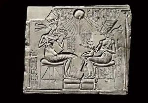 Amenhotep IV with Nefertiti and their children. Egyptian art. New Kingdom. Relief on rock. GERMANY. Berlin. Staatliche Museen (State Museums)