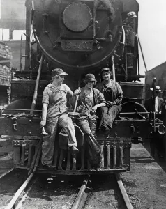 Locomotive Prints: America women railroad workers with sledgehammers. 1918. (BSLOC_2012_4_54)