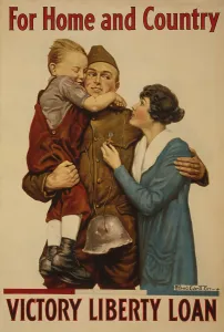 Bonds Prints: American 1918 WW1 poster of a soldier embracing a woman and child
