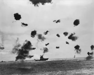 Explosions Prints: American aircraft carrier USS Yorktown hit by a Japanese bomb in the Battle of Midway