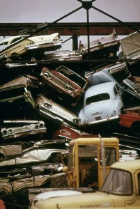 Metals Prints: American cars crushed for scrap steel to be recycled used in the manufacture of steel