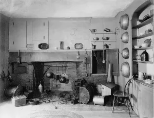 1700s Prints: American Colonial era fireplace with the utensils and tools for cooking on an open fire