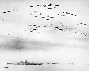 Seascape Prints: American fighter fly in formation over the USS MISSOURI during surrender ceremonies