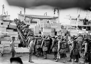Cuba Prints: American Marines boarding USS Meade enroute to Guantanamo, Cuba, Feb. 1913