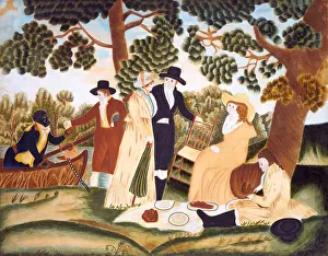Food Prints: American Picnic scene of 1800, painted in a primitive style watercolor by an anonymous artist