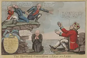 Etching Prints: American political cartoon, shows three New England states about to jump into the welcoming arms of King George III