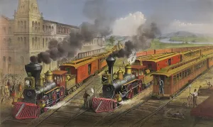 Tracks Prints: American railroad scene shows Lightning Express trains leaving the junction in 1874