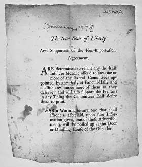 1760s Prints: The American Revolution. Broadside encouraging action by the Sons Of Liberty. Boston 1768