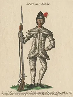1770s Prints: American Revolution. Engraving of frontal view of an American soldier of the Congress in North America