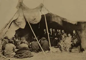 Us Army Prints: American Sioux Indians and United States Army Commissioners attend a peace council at Fort Laramie