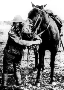 Protective Equipment Prints: American soldier demonstrates gas masks for man and horse during World War I. Ca. 1917-18