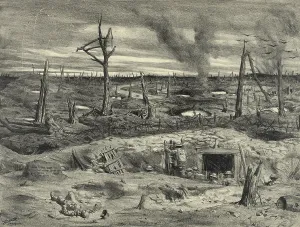 Images Dated 20th March 2013: American soldiers emerging from shelter in No Man's Land during WW1 battle