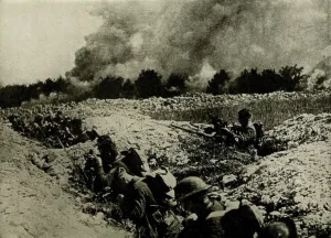 Lcgr1116 Prints: American soldiers in shell holes in No Mans Land prepare for gas waves coming toward them