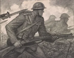 Barbed Wire Prints: American soldiers WW1 soldiers advancing through barbed wire with rifles and fixed bayonets
