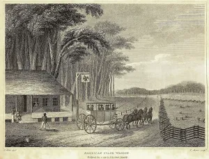 Carriages Prints: American Stage Wagon leaving a tavern. Ca. 1800