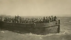 Coast Prints: American tourists in a large barge landing at Haifa