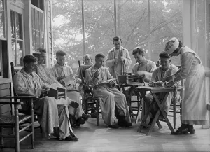 Medical Care Prints: American World War 1 veterans in rehabilitation doing needlework