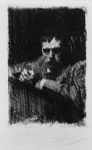 Sweden Prints: Anders Zorn (1860-1920), Swedish impressionist painter in self-portrait etching. 1889