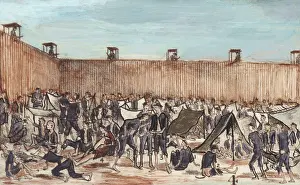 Mistreatment Prints: Andersonville Prison. A corner of the stockade